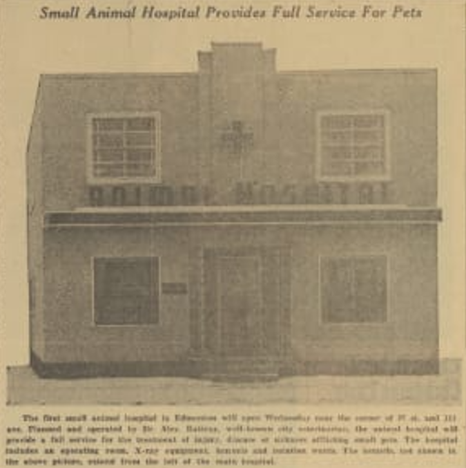 Newspaper photograph of the early Blue Cross Animal Hospital building